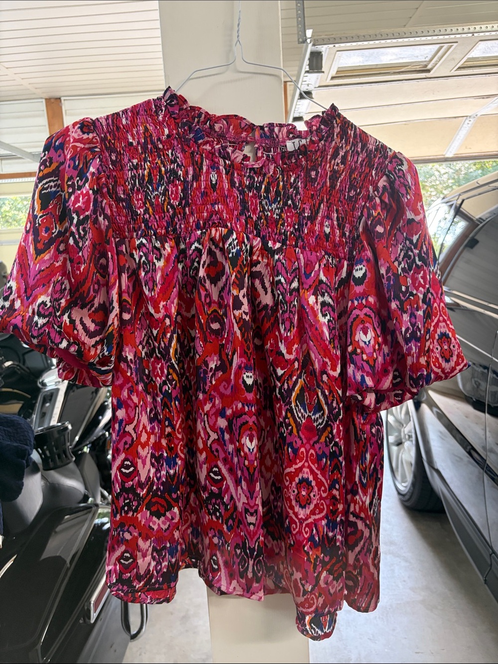 TCEC Pink Red Patterned Smocked-Neck Blouse